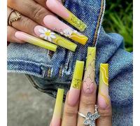 HaoTrade 24Pcs Long False Nail with Glue Stickers, French Full Cover Acrylic Press on Nails Daisy Pattern Disassembled and Reused Stick on Nails for Women and Girls Nail Art