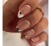 HaoTrade 24Pcs Press On Nail French Tips, Glossy Short Stick on Nails, Full Cover False Nails for Women Girls Nail Art, Almond Oval Acrylic Fake Nail Art Accessories, Leopard Print Bright Gold