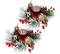 HAOWANWW 2 Set Christmas Candle Rings Christmas Glass Candle Holder with Artificial Red Snowy Pinecone Berry Candle Wreath Ring Small Tealight Holder Table Centerpiece for Christmas Wedding Home