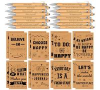 HAOWANWW 32Pack Let's Be Happy Notebooks Bulk,Lined Happiness Themed Journals for Kids Coworkers 4.92x3.14In Brown Kraft Notebook with Bamboo Retractable Ballpoint Pens Inspirational Pockets Notebook