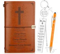 HAOWANWW 4 Pcs Christian Gift for Men Christian Notebook Bible Leather Journal Notebook with Bible Ballpoint Pen Religious Bookmarks Bible Verse Keychain Inspirational Back to School Gifts for Church