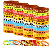 HAOWANWW 50Pcs Western Party Bracelets Cowboy Cowgirl Silicone Bracelets Western Themed Stretch Wristbands for Western Party Baby Shower Kids Birthday Party Supplies Decorations,10 Different Patterns