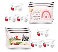 HAOWANWW 6 Sets Teacher Appreciation Gifts with 6 Best Teacher Ever Makeup Bags Inspirational Canvas Cosmetic Bag 6 Teacher Blessing Bracelets for Women Festival Graduation Thank You Leaving Gifts