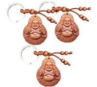 Haowul 3pcs Peach Wood Carving Buddha Pendant Keychain Lucky Jewelry Buckle Unisex Chinese Happy Laughing Buddha Keyring for Car Bag