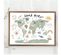 Haowul Nursery World Map Poster Prints Pastel Animal Theme Educational Canvas Wall Art Decor Pictures Painting for Kids Room Decor Art