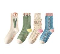 HAOXYO 4 Pairs Cute Ladies Slouch Frilly Socks - Womens Vintage Embroidered Floral Patterned Cotton Pop Crew Socks