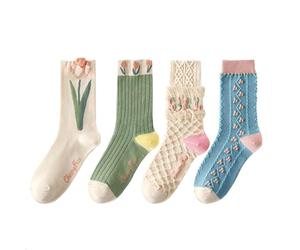 HAOXYO 4 Pairs Cute Ladies Slouch Frilly Socks - Womens Vintage Embroidered Floral Patterned Cotton Pop Crew Socks