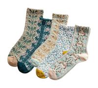 HAOXYO 5 Pcs Ladies Funky Novelty Floral Socks - Vintage Patterned Soft Breathable Embroidered Cute Crew Fancy Dress Socks