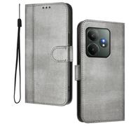 HAOYE Leather Wallet Case for Realme GT 6 / Realme GT 6T - Flip Cover Folding Shockproof Magnetic Suction Stand Function & Card Slot | Retro Shell - Gray