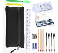 Haoyic GCSE 18 Pcs Stationery Set, Black School Pencil Case with Stationery Set Included with 4 Graphite Pencils, 4 Pens, 2 Highlighter, Eraser, Sharpener, Compass, Pencil Case