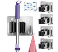 HAOYOWJY Mop and Broom Holder Wall Mount Stainless Steel 304 Tool Garage Organization Rack Screw and Self Adhesive Broom Hanger Heavy Duty 4pcs (4pcs，sliver)