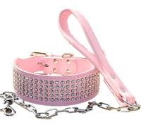 haoyueer 2 inches Wide Leather Rhinestone Crystal Diamante Jeweled Dog Collar Chain Leash Lead Set Heavy Duty Fit Pitbull, Bulldog, Doberman (M, Pink)