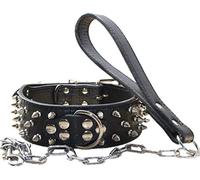 haoyueer 2 inches Wide Leather Spiked Studded Dog Collar+Chain Leash Set Heavy Duty Fit Pitbull, Bulldog, Doberman (S, Black)