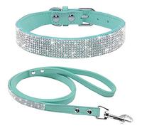 haoyueer Cute Dazzling Sparkling Elegant Fancy Soft Suede Leather Bling Rhinestone Crystal Jeweled Pet Cat Dog Puppy Collar Dog Leash Combo Set (XS, Blue)