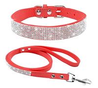 haoyueer Cute Dazzling Sparkling Elegant Fancy Soft Suede Leather Bling Rhinestone Crystal Jeweled Pet Cat Dog Puppy Collar Dog Leash Combo Set (M, Red)