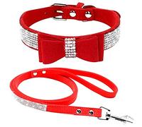 haoyueer Cute Dazzling Sparkling Elegant Fancy Soft Suede Leather Bling Rhinestone Crystal Jeweled Pet Cat Dog Puppy Collar Dog Leash Combo Set (XS, Red-1)