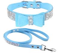 haoyueer Cute Dazzling Sparkling Elegant Fancy Soft Suede Leather Bling Rhinestone Crystal Jeweled Pet Cat Dog Puppy Collar Dog Leash Combo Set (S, Blue-1)