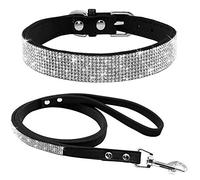 haoyueer Cute Dazzling Sparkling Elegant Fancy Soft Suede Leather Bling Rhinestone Crystal Jeweled Pet Cat Dog Puppy Collar Dog Leash Combo Set (M, Black)
