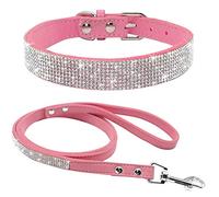 haoyueer Cute Dazzling Sparkling Elegant Fancy Soft Suede Leather Bling Rhinestone Crystal Jeweled Pet Cat Dog Puppy Collar Dog Leash Combo Set (XS, Pink)