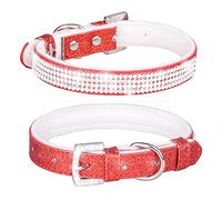 haoyueer Cute Dazzling Sparkling Leather Dog Cat Rhinestone Collar Crystal Diamond Pet Dog Puppy Collar … (M, Red-1)