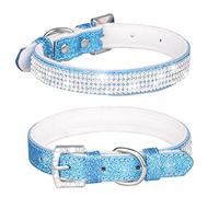haoyueer Cute Dazzling Sparkling Leather Dog Cat Rhinestone Collar Crystal Diamond Pet Dog Puppy Collar … (M, Blue-1)
