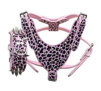 haoyueer Leather Sharp Spiked Studded Medium & Large Dog Collars, Harnesses 2Pcs Matching Set for Pit Bull,Mastiff, Boxer, Bull Terrier (L, Pink Leopard)