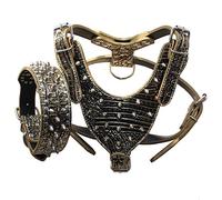 haoyueer Leather Spiked Studded Medium & Large Dog Collars, Harnesses 2Pcs Matching Set for Pit Bull,Mastiff, Boxer, Bull Terrier (L, Gold Brown)