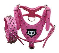 haoyueer Leather Spiked Studded Medium & Large Dog Collars, Harnesses 2Pcs Matching Set for Pit Bull,Mastiff, Boxer, Bull Terrier (L, Hot Pink-1)
