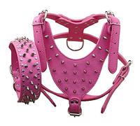 haoyueer Leather Spiked Studded Medium & Large Dog Collars, Harnesses 2Pcs Matching Set for Pit Bull,Mastiff, Boxer, Bull Terrier (L, Hot Pink)