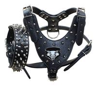 haoyueer Leather Spiked Studded Medium & Large Dog Collars, Harnesses 2Pcs Matching Set for Pit Bull,Mastiff, Boxer, Bull Terrier (M, Black-1)