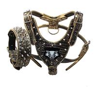 haoyueer Leather Spiked Studded Medium & Large Dog Collars, Harnesses 2Pcs Matching Set for Pit Bull,Mastiff, Boxer, Bull Terrier (L, Gold Brown-1)