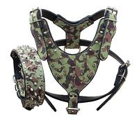haoyueer Leather Spiked Studded Medium & Large Dog Collars, Harnesses 2Pcs Matching Set for Pit Bull,Mastiff, Boxer, Bull Terrier (L, Camouflage)