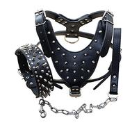 haoyueer Leather Spiked Studded Medium & Large Dog Collars, Harnesses & Chain Leashes 3Pcs Matching Set for Pit Bull,Mastiff, Boxer, Bull Terrier (M, Black)