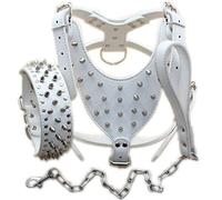 haoyueer Leather Spiked Studded Medium & Large Dog Collars, Harnesses & Chain Leashes 3Pcs Matching Set for Pit Bull,Mastiff, Boxer, Bull Terrier (M, White)