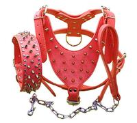 haoyueer Leather Spiked Studded Medium & Large Dog Collars, Harnesses & Chain Leashes 3Pcs Matching Set for Pit Bull,Mastiff, Boxer, Bull Terrier (XL, Red)