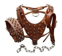 haoyueer Leather Spiked Studded Medium & Large Dog Collars, Harnesses & Chain Leashes 3Pcs Matching Set for Pit Bull,Mastiff, Boxer, Bull Terrier (XL, Brown)