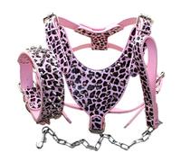 haoyueer Leather Spiked Studded Medium & Large Dog Collars, Harnesses & Chain Leashes 3Pcs Matching Set for Pit Bull,Mastiff, Boxer, Bull Terrier (L, Pink Leopard)