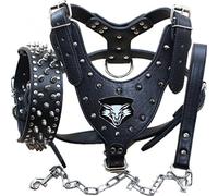 haoyueer Medium & Large Breed Leather Spiked Studded Dog Harness,Collar & Leashes 3Pcs Set for Medium & Large Dog Pit Bull,Mastiff, Boxer, Bull Terrier (L, Black)