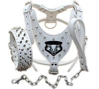 haoyueer Medium & Large Breed Leather Spiked Studded Dog Harness,Collar & Leashes 3Pcs Set for Medium & Large Dog Pit Bull,Mastiff, Boxer, Bull Terrier (L, White)