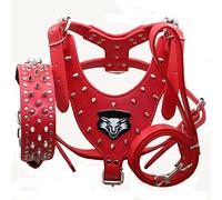 haoyueer Medium & Large Dog Leather Spiked Studded Dog Harness,Collar & Leash 3Pcs Set for Pit Bull,Mastiff, Boxer, Bull Terrier (XL, Red)
