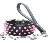 haoyueer Pink Spiked Studded Dog Collar 2 Inch in Width Leather Dog Collars Chain Leash Combo Set Fit Medium & Large Dogs Pitbull Husky Mastiff Terrier (L, Black)