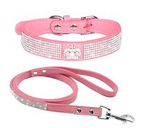 haoyueer Rhinestone Dog Collar, Cute Dazzling Sparkling Soft Suede Leather Dog Cat Rhinestone Collar Leash Crystal Diamond Pet Dog Puppy Collar (L, Pink-4)