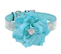 Haoyueer Rhinestone Dog Collar, Cute Dazzling Sparkling Soft Suede Leather Dog Cat Rhinestone Collar Crystal Diamond Pet Dog Puppy Collar (L, Blue-6)