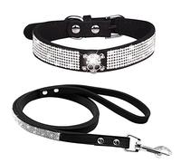 haoyueer Rhinestone Dog Collar, Cute Dazzling Sparkling Soft Suede Leather Dog Cat Rhinestone Collar Leash Crystal Diamond Pet Dog Puppy Collar (L, Black-5)