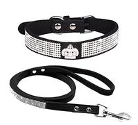 haoyueer Rhinestone Dog Collar, Cute Dazzling Sparkling Soft Suede Leather Dog Cat Rhinestone Collar Leash Crystal Diamond Pet Dog Puppy Collar (S, Black-4)