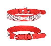 Haoyueer Rhinestone Dog Collar, Cute Dazzling Sparkling Soft Suede Leather Dog Cat Rhinestone Collar Crystal Diamond Pet Dog Puppy Collar (S, Red-3)