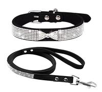 haoyueer Rhinestone Dog Collar, Cute Dazzling Sparkling Soft Suede Leather Dog Cat Rhinestone Collar Leash Crystal Diamond Pet Dog Puppy Collar (L, Black-3)