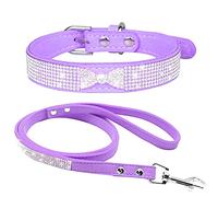 haoyueer Rhinestone Dog Collar, Cute Dazzling Sparkling Soft Suede Leather Dog Cat Rhinestone Collar Leash Crystal Diamond Pet Dog Puppy Collar (M, Purple-3)