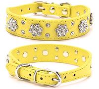 haoyueer Rhinestone Dog Collar, Cute Flower Rhinestone Cat Dog Collar Bling Collar PU Leather Collar Adjustable Sizes Small Medium Large (L, Yellow)