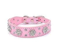 haoyueer Rhinestone Dog Collar, Cute Flower Rhinestone Cat Dog Collar Bling Collar PU Leather Collar Adjustable Sizes Small Medium Large (S, Pink)